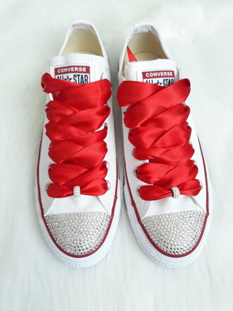 Biele converse klasik, čistý crystal, červené šnúrky